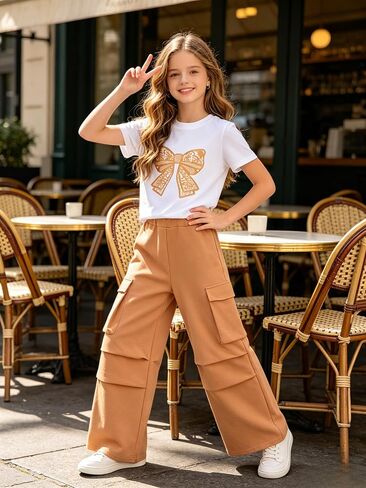 Little Girl Outfits Bow Print Short Sleeve T Shirt Elastic Waist Cargo Wide Leg Pants 2PCS Girls Clothing 7-13 Years in Kuwait
