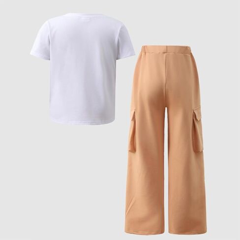 Little Girl Outfits Bow Print Short Sleeve T Shirt Elastic Waist Cargo Wide Leg Pants 2PCS Girls Clothing 7-13 Years in Kuwait