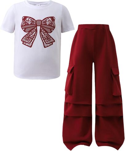Little Girl Outfits Bow Print Short Sleeve T Shirt Elastic Waist Cargo Wide Leg Pants 2PCS Girls Clothing 7-13 Years in Kuwait