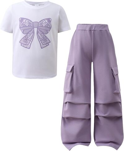 Little Girl Outfits Bow Print Short Sleeve T Shirt Elastic Waist Cargo Wide Leg Pants 2PCS Girls Clothing 7-13 Years in Kuwait