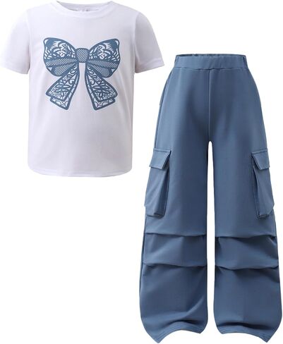 Little Girl Outfits Bow Print Short Sleeve T Shirt Elastic Waist Cargo Wide Leg Pants 2PCS Girls Clothing 7-13 Years in Kuwait