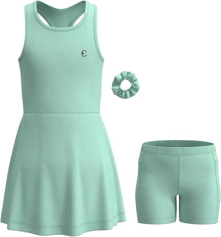 Girls Athletic Dress Set - Sleeveless Tennis Dance & Golf Kids Sport Outfit w/Pockets & Scrunchie, 3 Piece Set in Saudi Arabia
