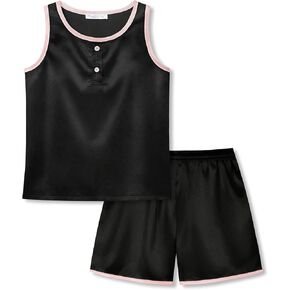 Topgal Girls Silky Satin Pajamas 2 Piece Tank Top & Shorts Set, Cute Bows,Leopard Print Summer Sleepwear PJS Size 6-16 in Saudi Arabia