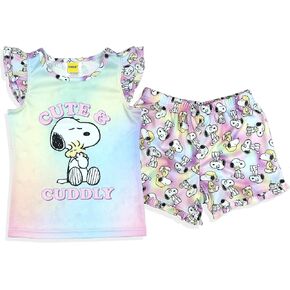 INTIMO Peanuts Pajamas Toddler Girls Snoopy and Woodstock Cute & Cuddly Ruffled Short Sleep Set in Kuwait
