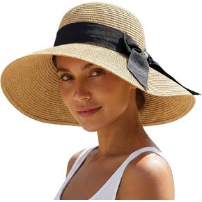 Womens Sun Straw Hat Wide Brim Woven Bow Hat UPF 80 Foldable Packable Floppy UV Protection Beach Cap in Saudi Arabia