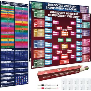 World Cup Tournament‌ 2026 Wallchart Set, A2 Size - 2 Design 104 Matches Poster and 35" x 12" Schedule Chart PVC Material Double Side Printing Roll Packaging No Crease for Soccer Party Bar Home Decorations in Saudi Arabia