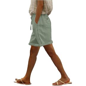 Linen Bermuda Shorts for Women Knee Length Drawstring Elastic Waist Gauze Pants with Crochet Side Summer Beach Shorts in Kuwait