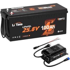 LiTime 24V 100Ah Bluetooth LiFePO4 Lithium Battery with 20A LiFePO4 Battery Charger, Low-Temp Protection, 4000+ Cycles with 100A BMS, Max. 2560Wh Energy for RV, Trolling Motor, Marine, Off-Grid in Kuwait