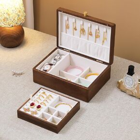Black Walnut Wooden Jewelry Box, 2 Layer Natural Solid Wood Jewelry Organizer with Removable Tray for Necklace Ring Earrings Watch Bracelet, Velvet Lined Storage Box Gifts for Mom, Women, Girls in Saudi Arabia