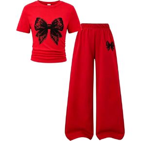 Yoxindax Girls 2 Piece Outfits Bow Tie Short Sleeve Crop Tops and Wide Leg Pants Set Kids Casual Summer Clothes 7-14 Years in Saudi Arabia