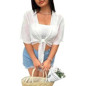 Women's Plus Size Shrug Tie Front Chiffon Cardigan Short Sleeve Cover Up Lightweight Sheer Bolero（Pick One Size Up） in Kuwait