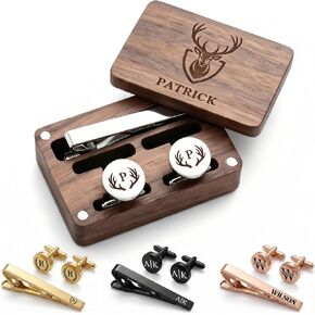 Custom Monogram Cufflinks for Men – Personalized Cuff Links & Tie Clip Set with Engraved Wood Box – Wedding Gifts for Groom, Dad, Groomsmen, Father of the Bride in Kuwait