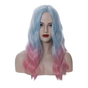 BUFASHION 18" Long Wavy Curly Light Blue Synthetic Wig for Women Girls Cosplay Wig Halloween Costume Wig with Wig Cap (Light Blue) in Kuwait