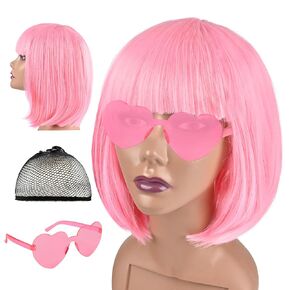 Short Bob wig and Sunglass Set, Cosplay Party Wigs for Women, Bachelorette Neon Party Favors, Halloween Decoration, Natural As Real (PINK) in Saudi Arabia