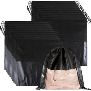 20 PCS Dustproof Drawstring Bags, Breathable Non-Woven Drawstring Dust Covers, Purses Organizers Storage Bags with Clear Window, Dust Bag for Handbags Shoes Purses Covers, Black in Saudi Arabia