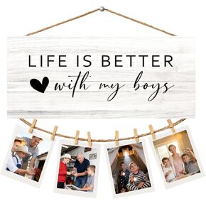 Life Is Better With My Kids Photo Holder Sign – 12 x 6 Inch Wooden Picture Display Board with Clips, Farmhouse Family Wall Decor for Home in Saudi Arabia