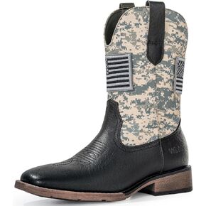 Cowboy Boots For Men - Square Toe Western Mens Slip on Patriot Boots with National Flag Patch, Slip Resistant Classic Pull On Short Country Chunky Heel Boot in Saudi Arabia