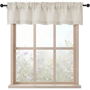 Valance for Windows - Thick Textured Fabric Light Filtering Small Window Valance Kitchen Curtain, Dual Rod Pocket Short Curtain for Cafe Basement Bathroom, Linen Color, 1 Panel, 60Wx12L Inches in Saudi Arabia