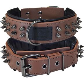 Spiked Real Leather Dog Collar，Handmade Dog Collar for Large Dogs，2.2 Inches Wide，German Shepherd Pitbull Doberman (Brown, 22''-25'') in Saudi Arabia