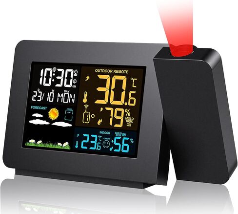 TeqHome Projection Alarm Clock Weather Station, Atomic Alarm Clock for Bedrooms, WWVB Radio Control Clock with Dual Alarms, Snooze, Indoor Outdoor Temperature & Humidity Sensor in Kuwait