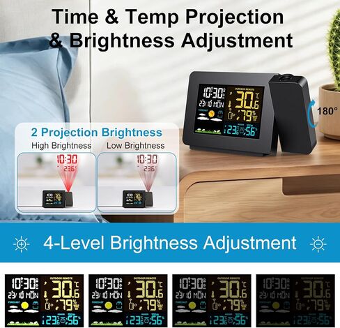 TeqHome Projection Alarm Clock Weather Station, Atomic Alarm Clock for Bedrooms, WWVB Radio Control Clock with Dual Alarms, Snooze, Indoor Outdoor Temperature & Humidity Sensor in Kuwait