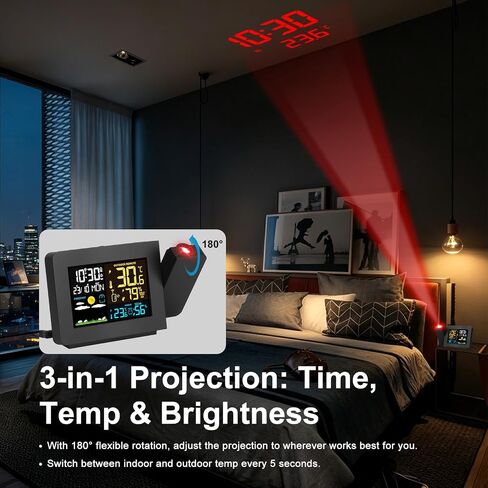 TeqHome Projection Alarm Clock Weather Station, Atomic Alarm Clock for Bedrooms, WWVB Radio Control Clock with Dual Alarms, Snooze, Indoor Outdoor Temperature & Humidity Sensor in Kuwait