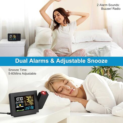 TeqHome Projection Alarm Clock Weather Station, Atomic Alarm Clock for Bedrooms, WWVB Radio Control Clock with Dual Alarms, Snooze, Indoor Outdoor Temperature & Humidity Sensor in Kuwait