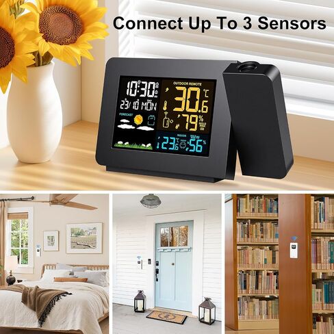 TeqHome Projection Alarm Clock Weather Station, Atomic Alarm Clock for Bedrooms, WWVB Radio Control Clock with Dual Alarms, Snooze, Indoor Outdoor Temperature & Humidity Sensor in Kuwait