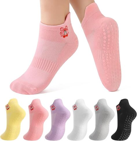 6 Pairs Pilates Socks for Women, Grippy Non Slip Yoga Socks, Cute Embroidery Grip Socks for Pilates, Yoga, Barre in Kuwait