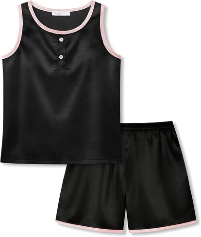Topgal Girls Silky Satin Pajamas 2 Piece Tank Top & Shorts Set, Cute Bows,Leopard Print Summer Sleepwear PJS Size 6-16 in Saudi Arabia