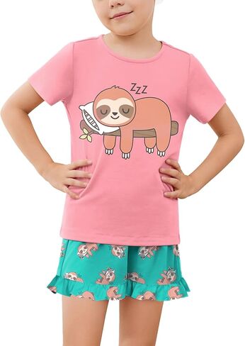 QPANCY Girls Pajamas Set Soft Ruffle Summer PJs 2 Piece Kids Short Sleeve Cotton Sleepwear for Slumber Party in Kuwait