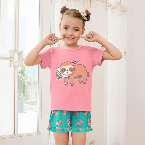 QPANCY Girls Pajamas Set Soft Ruffle Summer PJs 2 Piece Kids Short Sleeve Cotton Sleepwear for Slumber Party in Kuwait