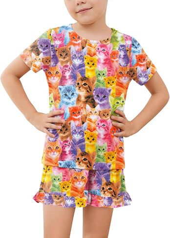 QPANCY Girls Pajamas Set Soft Ruffle Summer PJs 2 Piece Kids Short Sleeve Cotton Sleepwear for Slumber Party in Kuwait