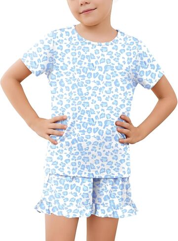 QPANCY Girls Pajamas Set Soft Ruffle Summer PJs 2 Piece Kids Short Sleeve Cotton Sleepwear for Slumber Party in Kuwait