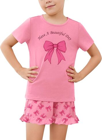 QPANCY Girls Pajamas Set Soft Ruffle Summer PJs 2 Piece Kids Short Sleeve Cotton Sleepwear for Slumber Party in Kuwait