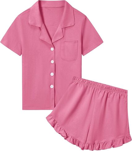 SANGTREE Girls & Women 100% Cotton Pajama Set Short Sleeve Button Down Top and Ruffle Shorts Lounge Outfits in Kuwait