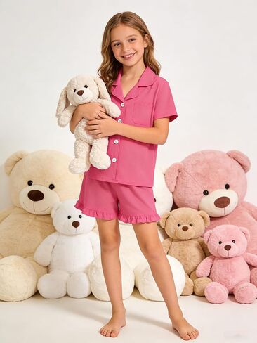 SANGTREE Girls & Women 100% Cotton Pajama Set Short Sleeve Button Down Top and Ruffle Shorts Lounge Outfits in Kuwait