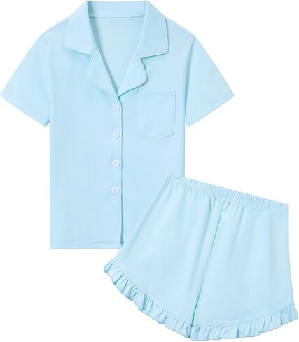 SANGTREE Girls & Women 100% Cotton Pajama Set Short Sleeve Button Down Top and Ruffle Shorts Lounge Outfits in Kuwait