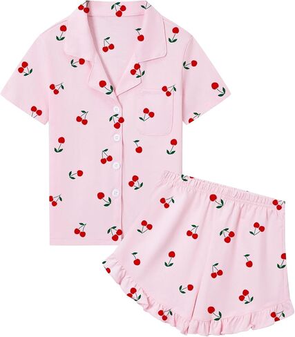SANGTREE Girls & Women 100% Cotton Pajama Set Short Sleeve Button Down Top and Ruffle Shorts Lounge Outfits in Kuwait