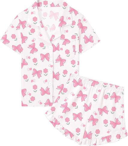 SANGTREE Girls & Women 100% Cotton Pajama Set Short Sleeve Button Down Top and Ruffle Shorts Lounge Outfits in Kuwait
