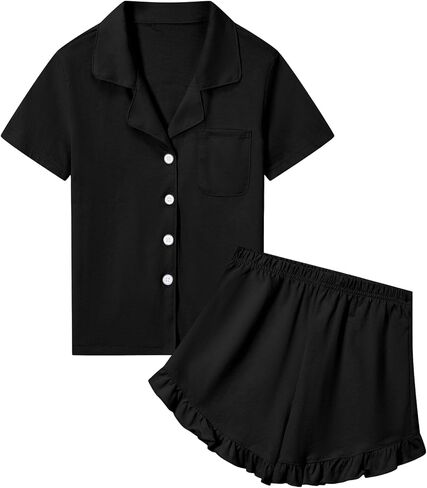 SANGTREE Girls & Women 100% Cotton Pajama Set Short Sleeve Button Down Top and Ruffle Shorts Lounge Outfits in Kuwait
