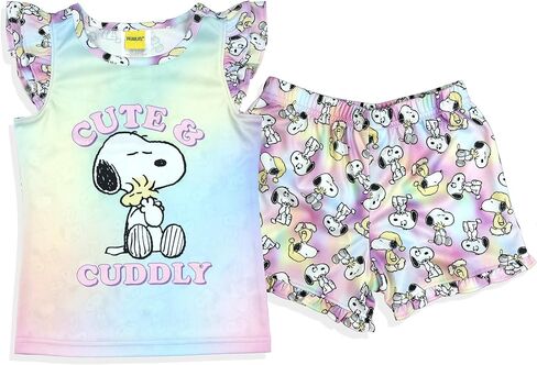 INTIMO Peanuts Pajamas Toddler Girls Snoopy and Woodstock Cute & Cuddly Ruffled Short Sleep Set in Kuwait