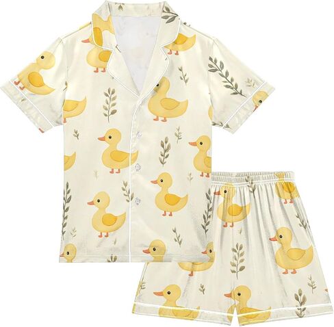 Cute Ducks Satin Pajamas Button-Down 2 Piece Loungewear Pj Set Sleepwear Nightwear in Saudi Arabia