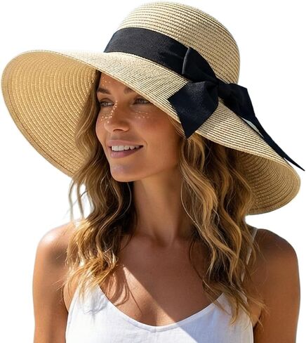 Womens Sun Straw Hat Wide Brim Woven Bow Hat UPF 80 Foldable Packable Floppy UV Protection Beach Cap in Saudi Arabia