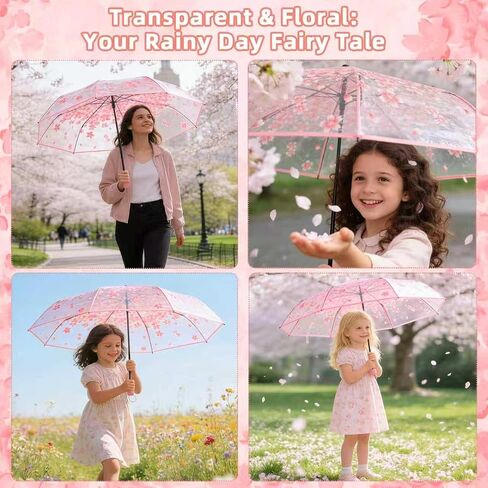 6 Pack Cherry Blossom Umbrella Clear Folding Travel Transparent Floral Rain Umbrellas For Adult Kids Girls Romantic Flower Wedding Decoration Auto Open Umbrella in Saudi Arabia