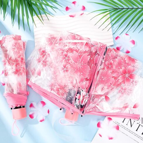 6 Pack Cherry Blossom Umbrella Clear Folding Travel Transparent Floral Rain Umbrellas For Adult Kids Girls Romantic Flower Wedding Decoration Auto Open Umbrella in Saudi Arabia