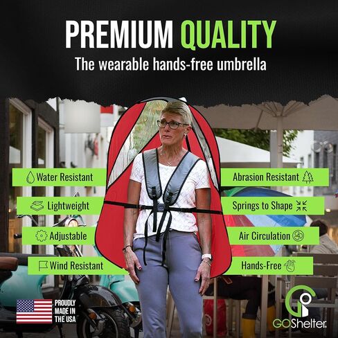 Hands Free Umbrella: Wearable Waterproof rain Canopy. Hands Free for Outdoor Photography, Dog Walking. Wind-Resistant, Lightweight, Adjustable, Sheds Water Away from Body. Made in USA, Red in Saudi Arabia