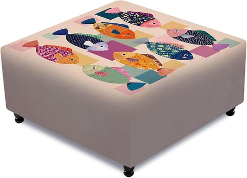 Ottoman Cover Square, Stretch Ottoman Slipcover, Footrest Stool Cover Protector with Nonslip Elastic Bottom Removable Washable (Geometric Fish, Large) in Saudi Arabia