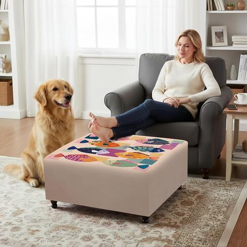Ottoman Cover Square, Stretch Ottoman Slipcover, Footrest Stool Cover Protector with Nonslip Elastic Bottom Removable Washable (Geometric Fish, Large) in Saudi Arabia
