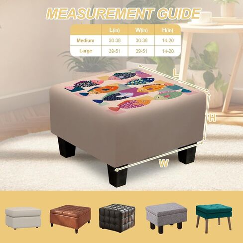 Ottoman Cover Square, Stretch Ottoman Slipcover, Footrest Stool Cover Protector with Nonslip Elastic Bottom Removable Washable (Geometric Fish, Large) in Saudi Arabia